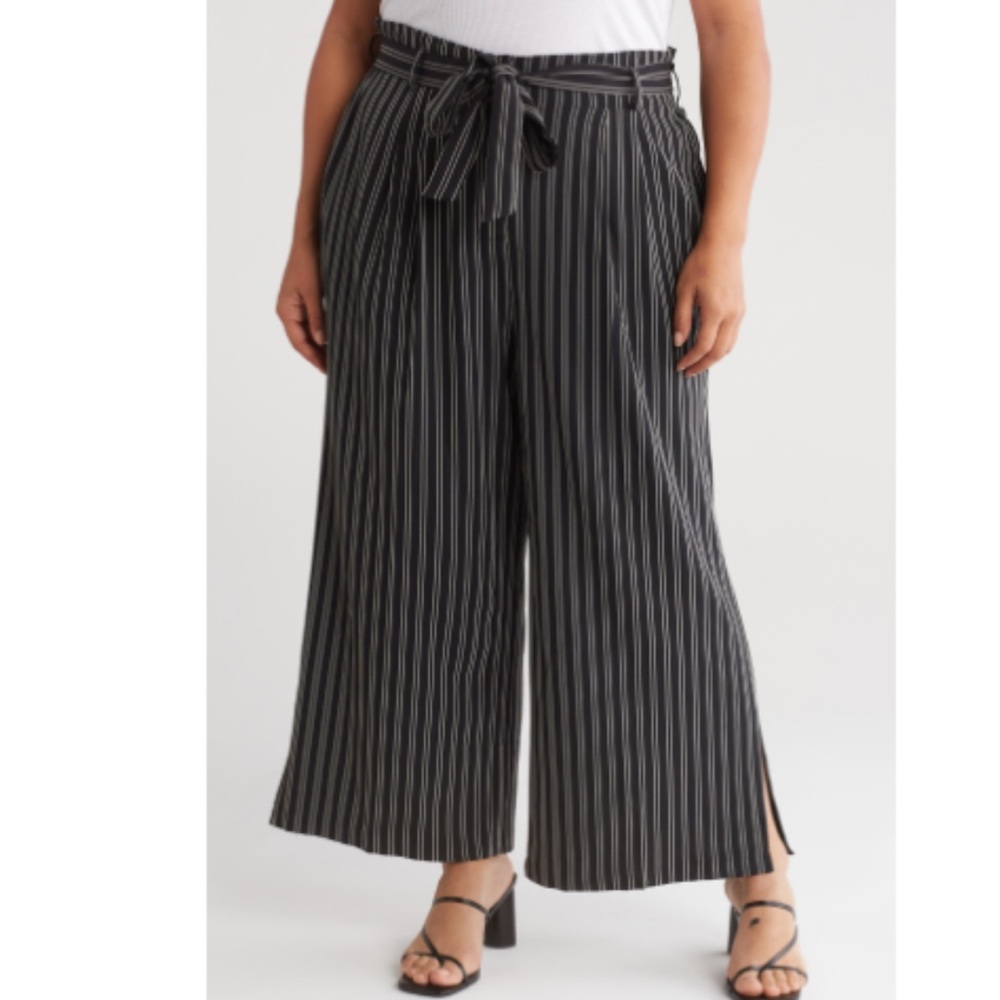 Adrianna Papell Pinstripe Tie Waist Pants BLACK/PEBBLE RELAXED 18W Wide Leg NEW